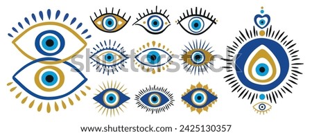 Blue oriental evil eye symbol amulet.Flat style design vector illustration set isolated on white background. Greek or Turkish Nazar protection talisman