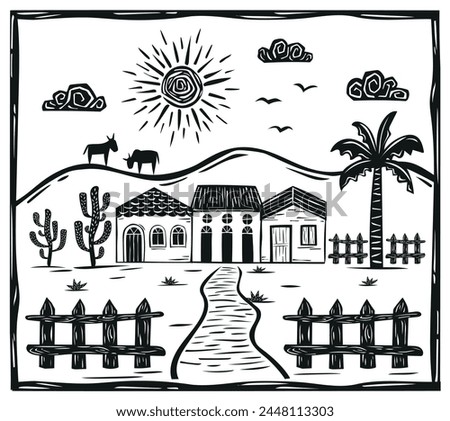 Village of houses in the interior of the country. Fence, cows, mountains and vegetation. Woodcut style illustration of northeastern cordel