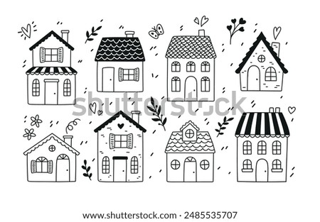 Set of cute little houses with branches of different plants. Home Sweet Home. Collection of doodle illustrations isolated in black and white vector