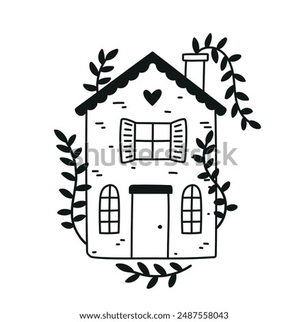 Beautiful little house with vegetation isolated. Sweet Home. Hand-drawn vector illustration in doodle style. Perfect for decorations, cards, logo, various designs