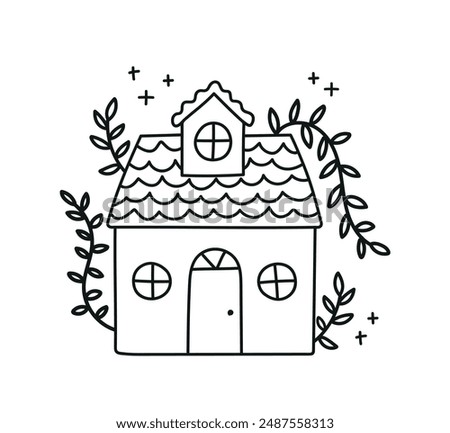 Beautiful little house with flowers isolated. Sweet Home. Hand-drawn vector illustration in doodle style. Perfect for decorations, cards, logo, various designs