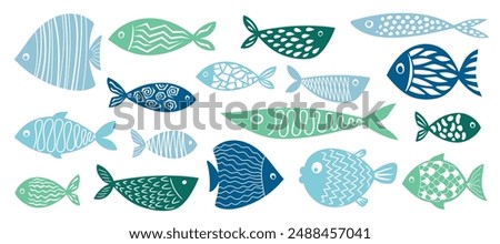 Collection of cute and fun fish. Vector for printing patterns, wallpaper, logos, stickers, cards and your creativity