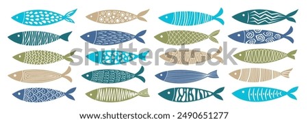 Set of hand-drawn colorful abstract fish. Sardines, salmon, tuna, tilapia. Minimalist and modern vector illustration