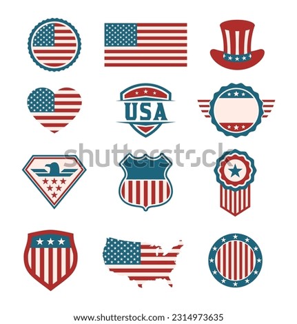 USA symbol set. American emblems collection. US labels, badges and shields. American themed graphics suitable for elections, Independence Day, celebration. America flag signs. Vector illustration. 