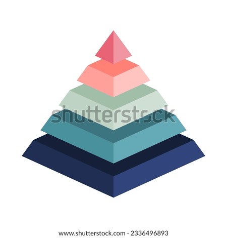 Colorful pyramid with 5 parts. Retro pastel colors pieces. Blank Infographic design template with five levels. Isometric prism with 5 steps elements. Hierarchy concept. 70s, 60s. Vector illustration.