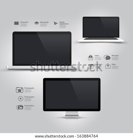 Infographics Design UI Elements: Informatic equipment: Computer, Notebook, Monitor and icons set. 