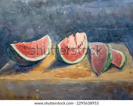 Watermelon cut into pieces lies on the table. Watercolor painting, illustration. Watercolor artwork.