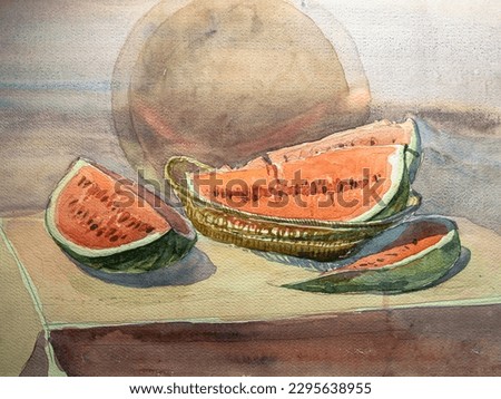 Watermelon cut into pieces lies on the table. Watercolor painting, illustration. Watercolor artwork.