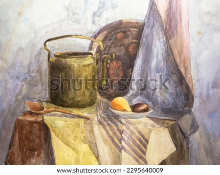 Still life with metal teapot, fruit, wooden spoon, tray, drapery. Watercolor painting, illustration. Watercolor artwork.