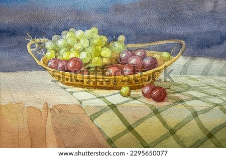Still life with grapes on the table. Grapes in a basket on the table. Watercolor painting, illustration.