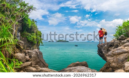 Couple traveler on beach joy nature scenic panorama view landscape island, Adventure attraction place tourist travel Thailand summer holiday vacation trip, Tourism beautiful destination Asia