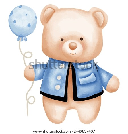 Illustration of a teddy bear with a blue balloon on a white background