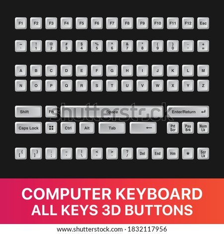 Computer keyboard all keys buttons 3d icon set vector image