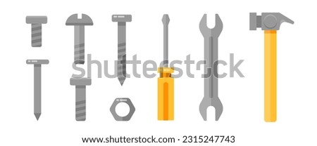 Set of metal bolts, screws, wrench, screwdriver and hammer. Service tools. Industry hand drawn flat collection. Industrial equipment