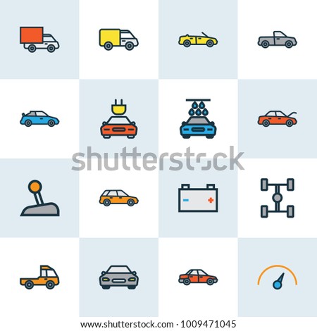 Auto icons colored line set with automobile, accumulator, washing and other truck elements. Isolated vector illustration auto icons.