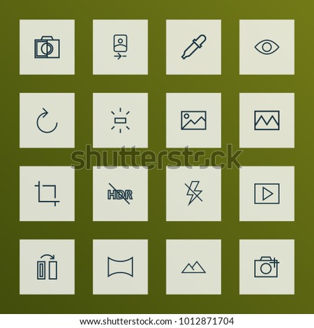 Picture icons line style set with eyedropper, broken image, wb sunny and other remove red eye elements. Isolated vector illustration picture icons.