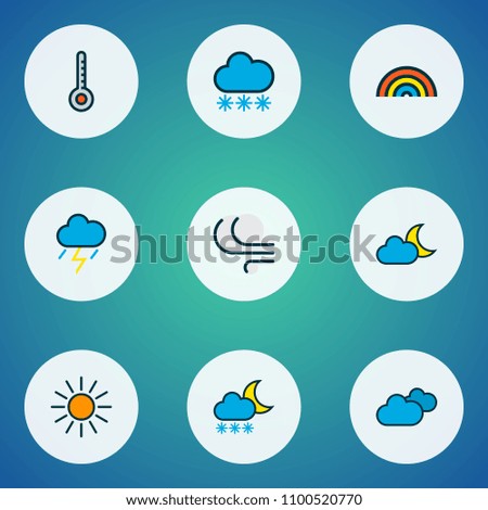 Climate icons colored line set with freeze, twilight, moonbeam and other rainbow elements. Isolated vector illustration climate icons.