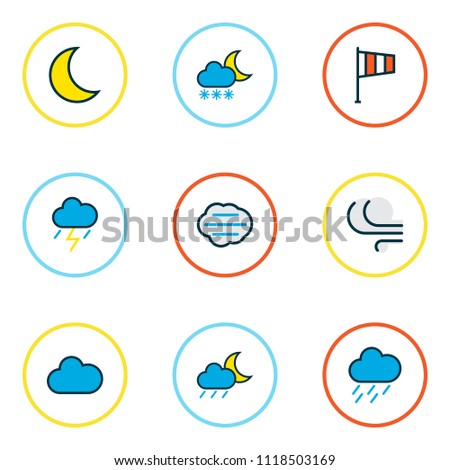 Weather icons colored line set with midnight, windy, clouded and other freeze elements. Isolated vector illustration weather icons.