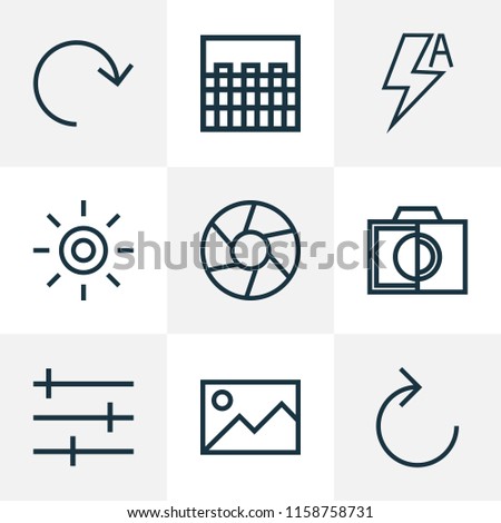 Photo icons line style set with reload, chessboard, wb iridescent and other monochrome elements. Isolated vector illustration photo icons.