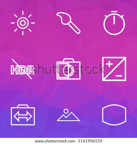 Photo icons line style set with wb iridescent, chronometer, photography and other landscape elements. Isolated vector illustration photo icons.