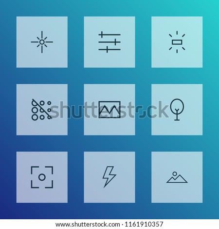 Picture icons line style set with mountain, blur off, tree and other wb sunny elements. Isolated vector illustration picture icons.