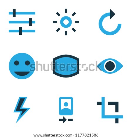 Picture icons colored set with remove red eye, lightning, refresh right and other flash elements. Isolated vector illustration picture icons.