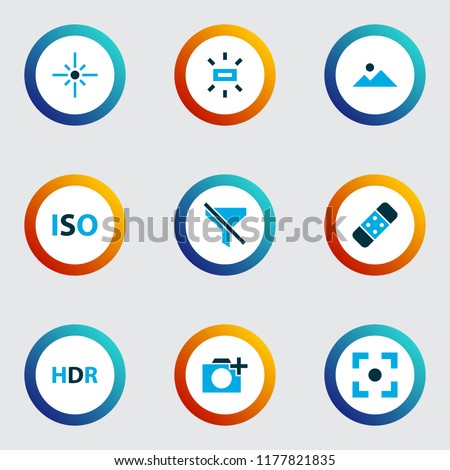 Photo icons colored set with healing, landscape, wb sunny no filter elements. Isolated vector illustration photo icons.