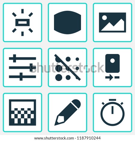 Picture icons set with wide angle, wb sunny, gradient and other monitor elements. Isolated vector illustration picture icons.