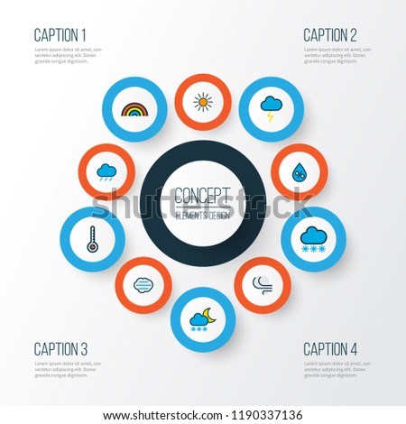 Climate icons colored line set with tempest, weather after rain, degree and other tempest elements. Isolated vector illustration climate icons.