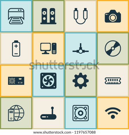 Computer icons set with disk, accumulator, audio speaker and other desktop computer elements. Isolated vector illustration computer icons.