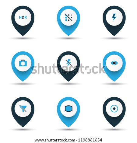 Picture icons colored set with remove red eye, filtration, circle and other photo apparatus elements. Isolated vector illustration picture icons.