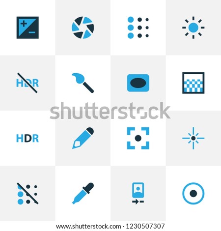 Image icons colored set with eyedropper, hdr, shutter and other hdr off elements. Isolated vector illustration image icons.