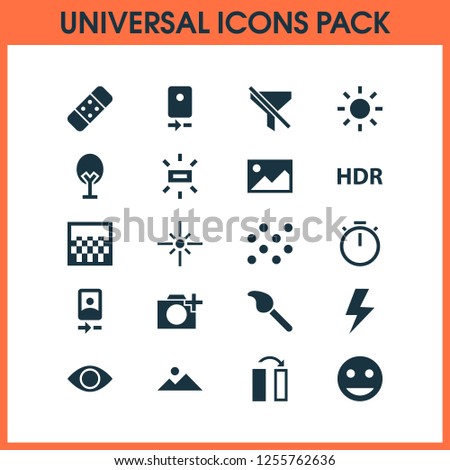 Photo icons set with remove red eye, flare, pattern and other chronometer elements. Isolated vector illustration photo icons.
