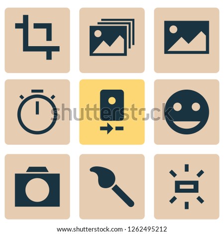 Photo icons set with photographing, tag face, wb sunny and other smile elements. Isolated vector illustration photo icons.
