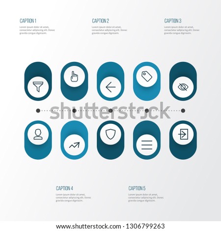 Interface icons line style set with shield, backward, label and other filter elements. Isolated vector illustration interface icons.
