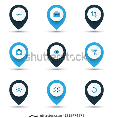Photo icons colored set with remove red eye, switch cam, capture and other center focus elements. Isolated vector illustration photo icons.