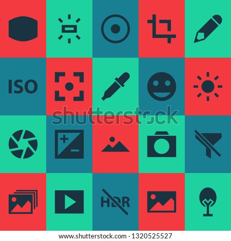 Picture icons set with exposure, shutter, photographing and other mode elements. Isolated vector illustration picture icons.