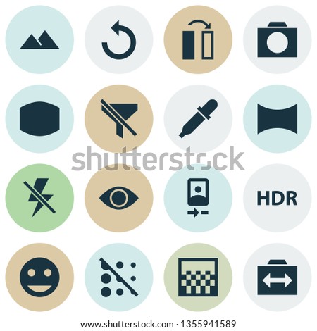 Image icons set with panorama, remove red eye, flip and other high dynamic range elements. Isolated vector illustration image icons.
