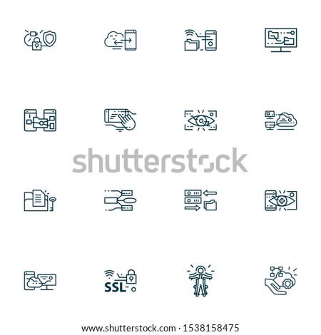 Tech icons line style set with eyetap augmentation, content synching, data structure and other smartphone
elements. Isolated vector illustration tech icons.