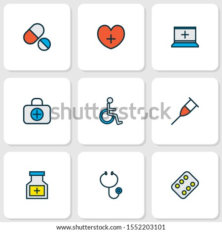 Medicine icons colored line set with medicines, pill bottle, crutch and other laptop
 elements. Isolated vector illustration medicine icons.