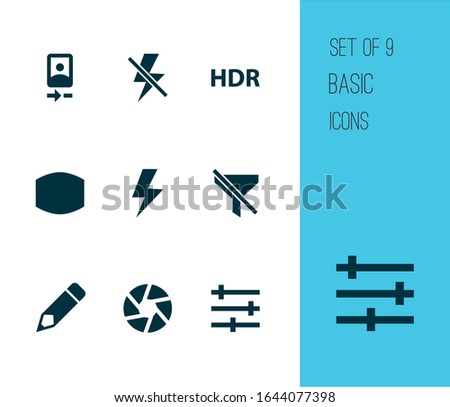 Picture icons set with tune, shutter, camera front and other no filter elements. Isolated vector illustration picture icons.