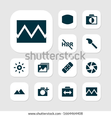 Photo icons set with broken image, filter, effect and other hdr off elements. Isolated vector illustration photo icons.