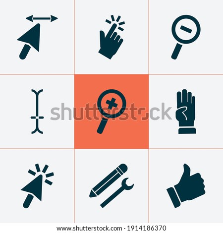 Cursor icon set with zoom in, pointer, four fingers and other resize width cursor elements. Isolated vector illustration cursor icons.