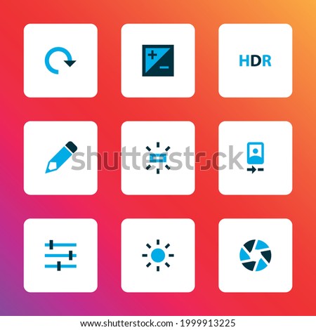Picture icons colored set with camera front, wb sunny, tune and other brightness elements. Isolated vector illustration picture icons.