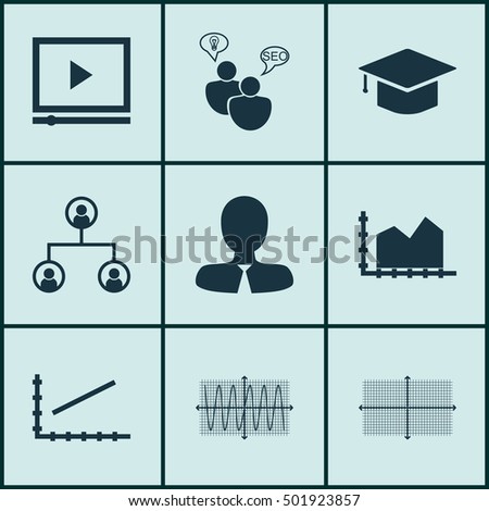 Set Of 9 Universal Editable Icons For SEO, Statistics And Advertising Topics. Includes Icons Such As Video Player, Tree Structure, Sequence Graphics And More.