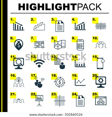 Set Of 25 Universal Editable Icons For Computer Hardware, Statistics And Human Resources Topics. Includes Icons Such As PC, Changes Graph, Fail Graph And More.