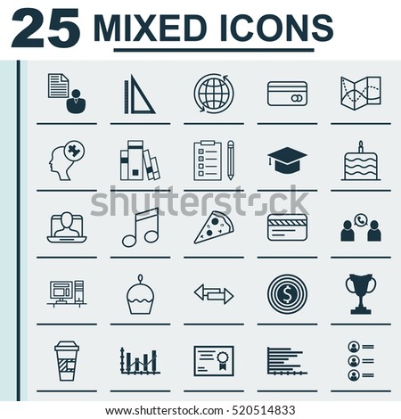 Set Of 25 Universal Editable Icons. Can Be Used For Web, Mobile And App Design. Includes Elements Such As Sliced Pizza, Phone Conference, Reminder And More.