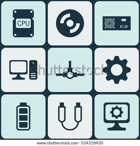 Set Of 9 Computer Hardware Icons. Can Be Used For Web, Mobile, UI And Infographic Design. Includes Elements Such As Settings, PC, Blank Cd And More.