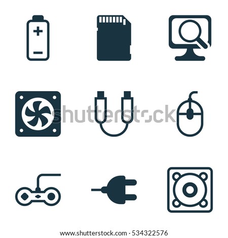 Set Of 9 Computer Hardware Icons. Can Be Used For Web, Mobile, UI And Infographic Design. Includes Elements Such As Battery, Music, Laptop And More.