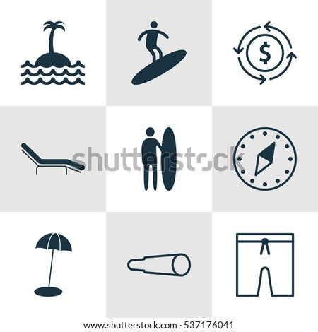 Set Of 9 Travel Icons. Includes Chaise Longue, Coast Parasol, Boardsports And Other Symbols. Beautiful Design Elements.